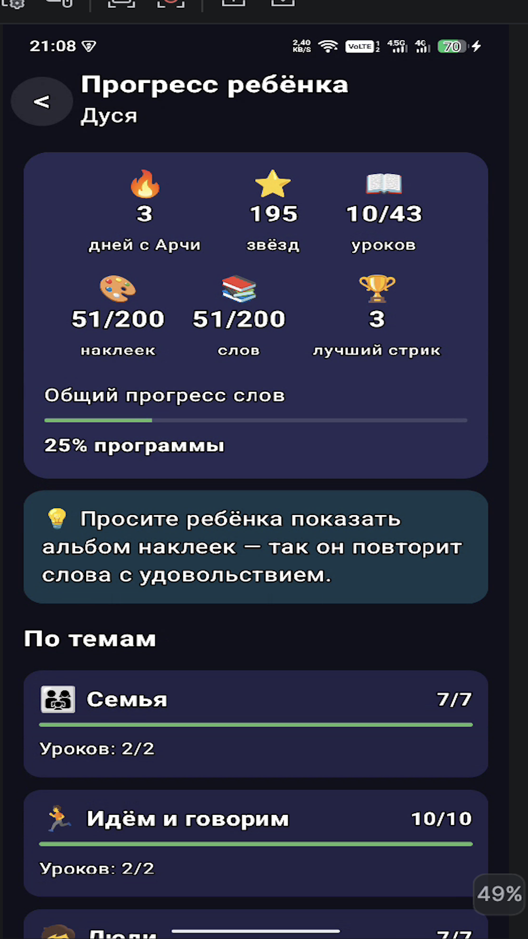 Прогресс ребёнка в разделе для родителей